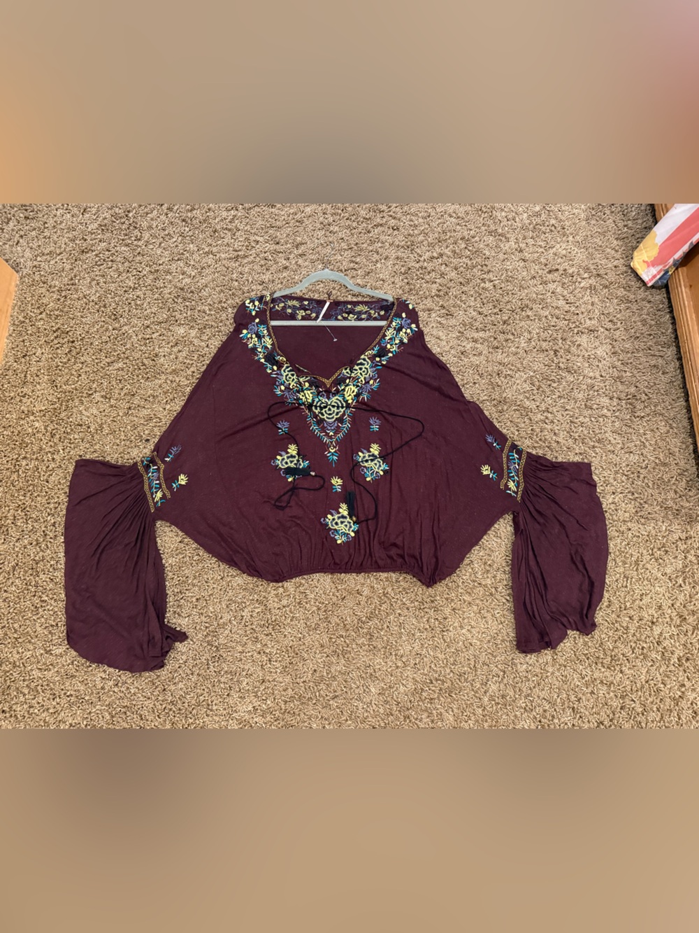 Free People Embroidered Plum Boho Peasant Top
